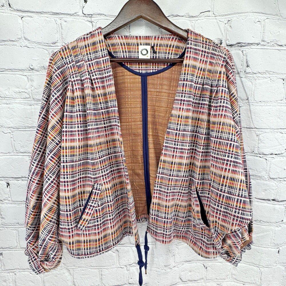 Akemi + Kin Plaid Tie-Hem Dolman Jacket Small Navy Multicolor Knit Anthropologie